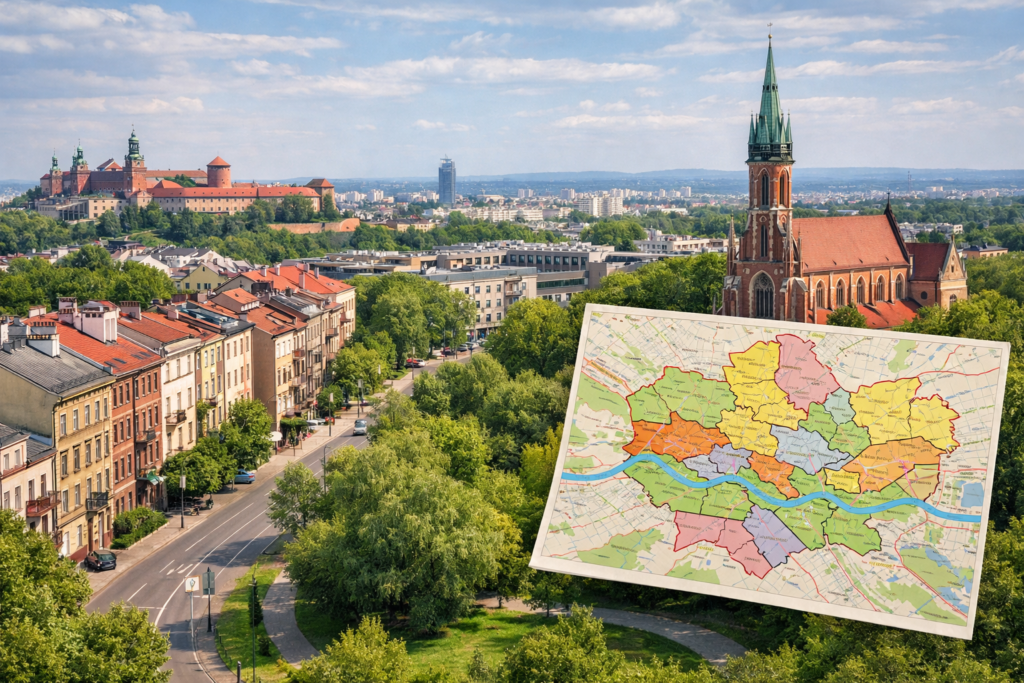 Mapa administracyjnego podziału Krakowa na 18 dzielnic