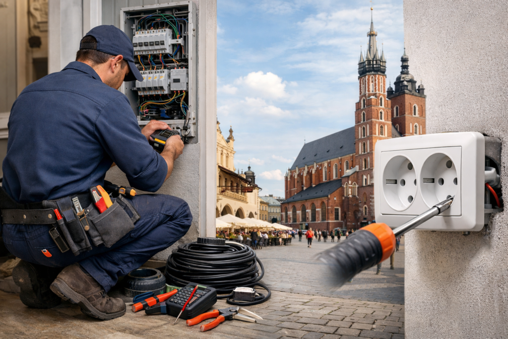 Elektryk wykonujący pomiary i prace przy instalacji elektrycznej w mieszkaniu