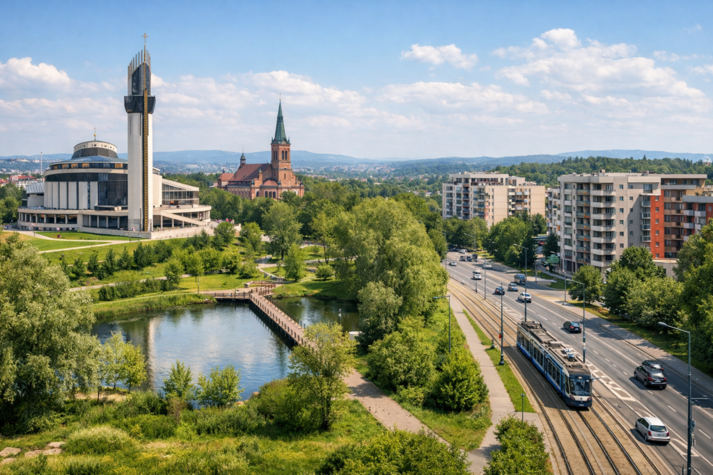 Widok na zieloną przestrzeń Łagiewnik i Borku Fałęckiego z miejską zabudową w tle