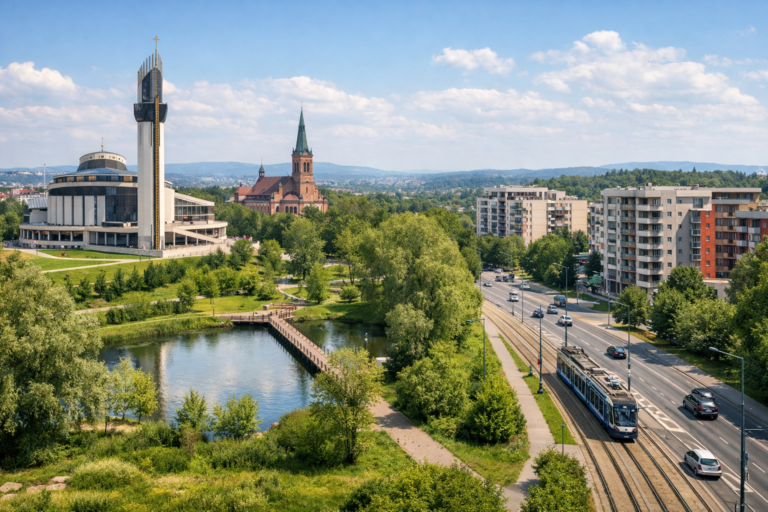 Widok na zieloną przestrzeń Łagiewnik i Borku Fałęckiego z miejską zabudową w tle