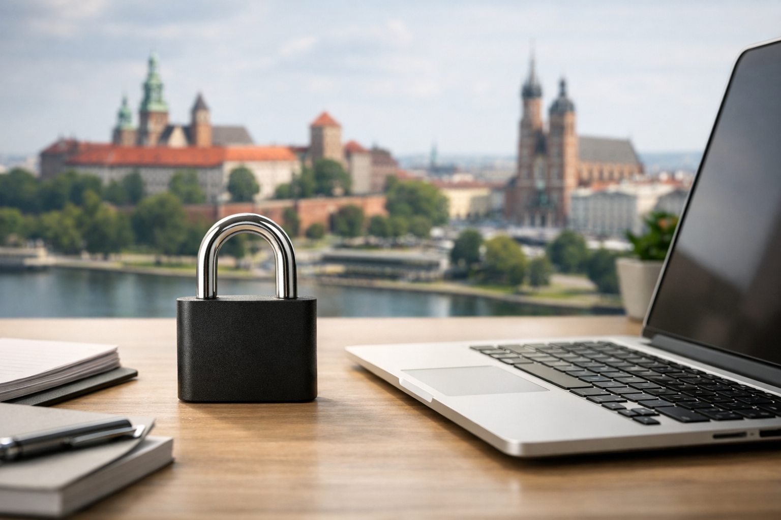 Kłódka i laptop symbolizujące ochronę prywatności
