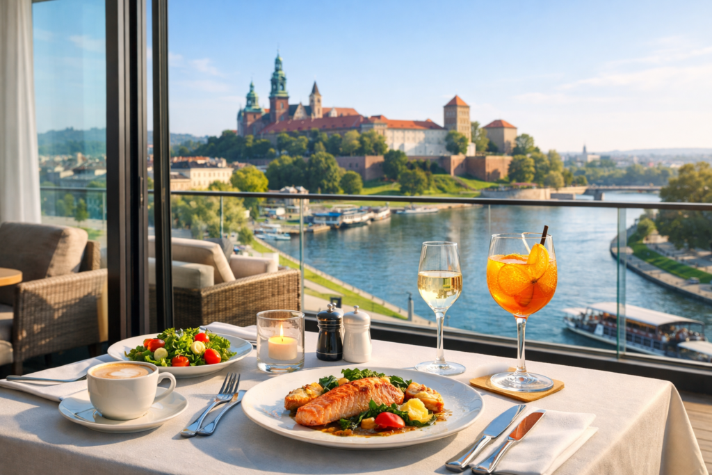 Zachód słońca za dużym oknem restauracji, stolik dla dwojga i klimat spotkania z widokiem w tle. Tekst graficzny: brak.