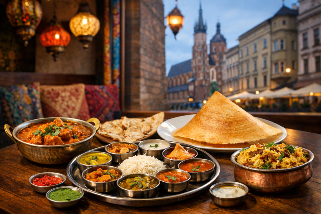 Indyjskie curry, dosa i thali na stole w krakowskiej restauracji