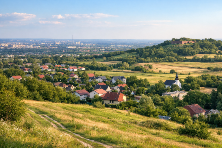 Krajobraz Wzgórz Krzesławickich z zielenią i zabudową dzielnicy