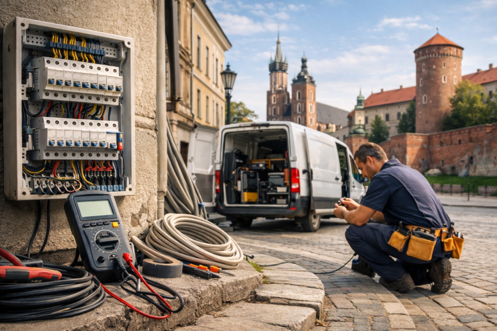 Elektryk podczas pracy przy rozdzielnicy w krakowskim mieszkaniu