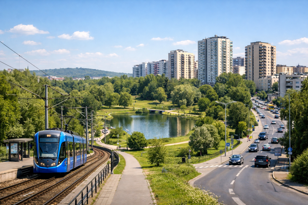 Widok na zielone osiedle Krowodrza Górka z torowiskiem tramwajowym i przestrzenią rekreacyjną